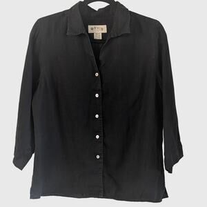Orvis 100% Linen Shirt M 10/12 Black Button Front 3/4 Sleeve Blouse READ